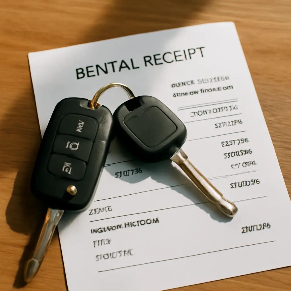Car rental receipt and keys on a desk for cost comparison