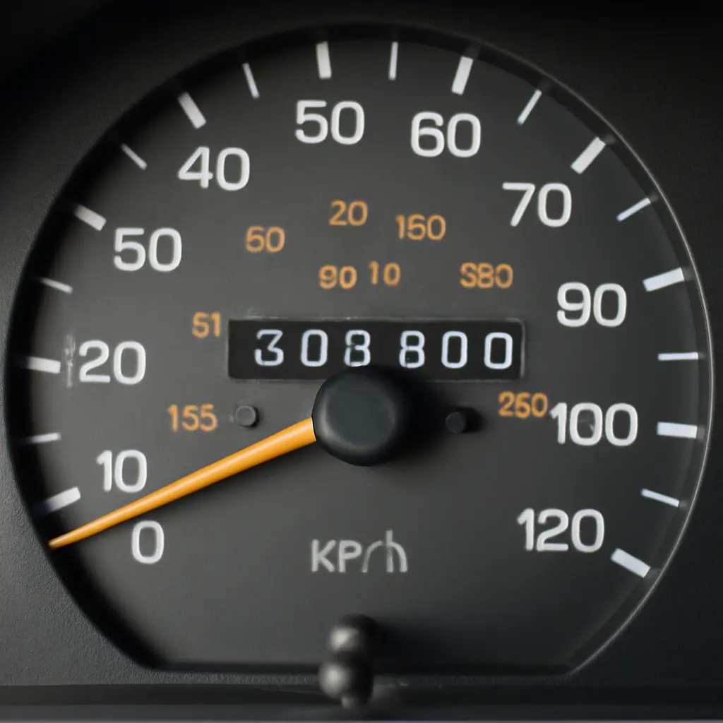 Close-up of a car odometer showing high mileage
