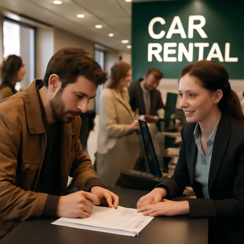 Customer signing car rental paperwork at counter