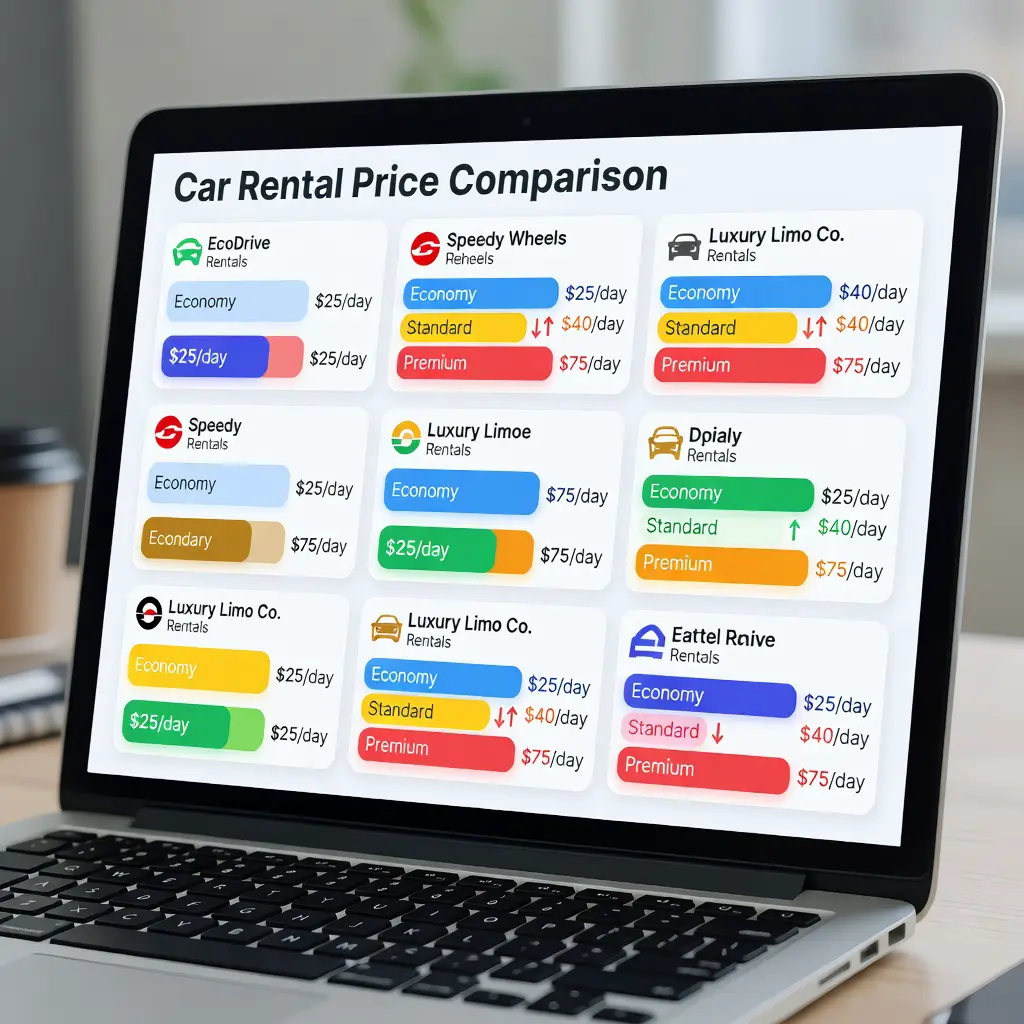 Side-by-side comparison of car rental prices across multiple booking platforms displayed on a laptop screen