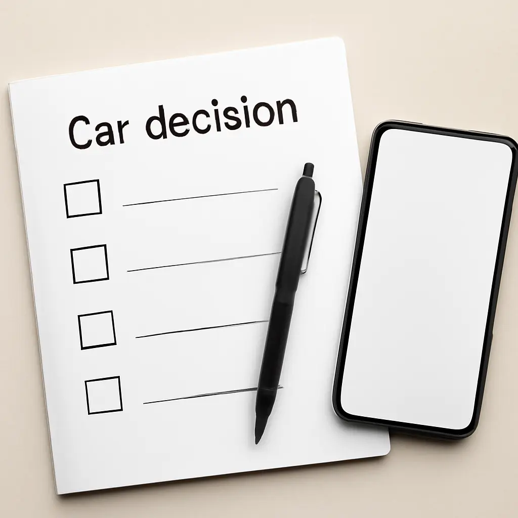 Person checking a decision-making checklist about car services