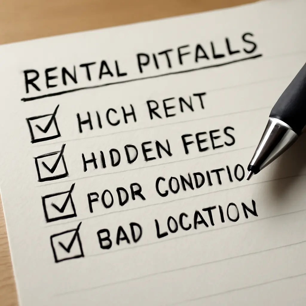 Checklist for car rental pitfalls Checklist on paper with pen listing car rental pitfalls like fees, insurance, availability