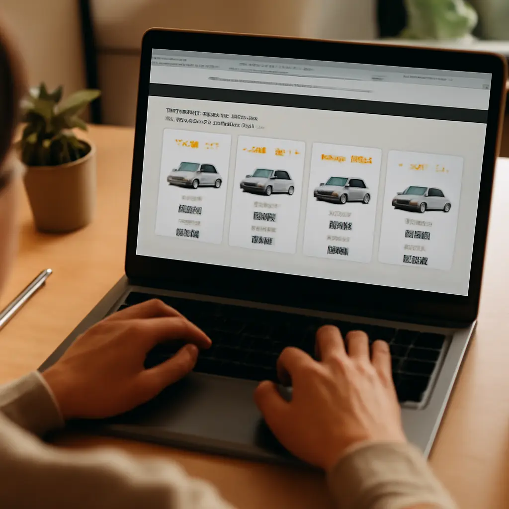 Comparing car rental deals online Person comparing car rental deals on a laptop with multiple browser tabs open showing prices and customer reviews