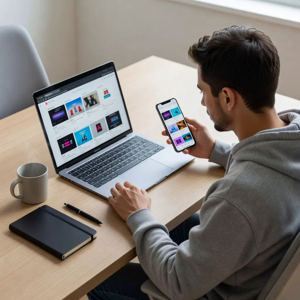 A person studying multiple review pages on a laptop and smartphone, comparing expert ratings and category scores side by side