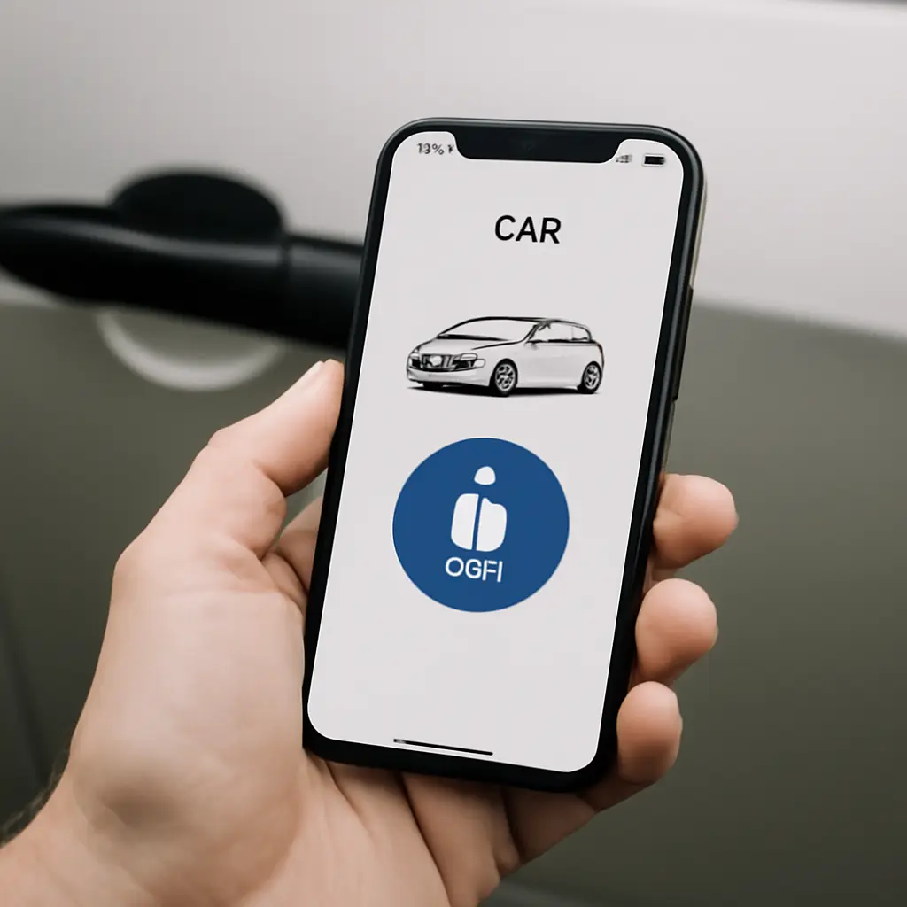 A hand holding a smartphone showing a car rental app unlocking a vehicle
