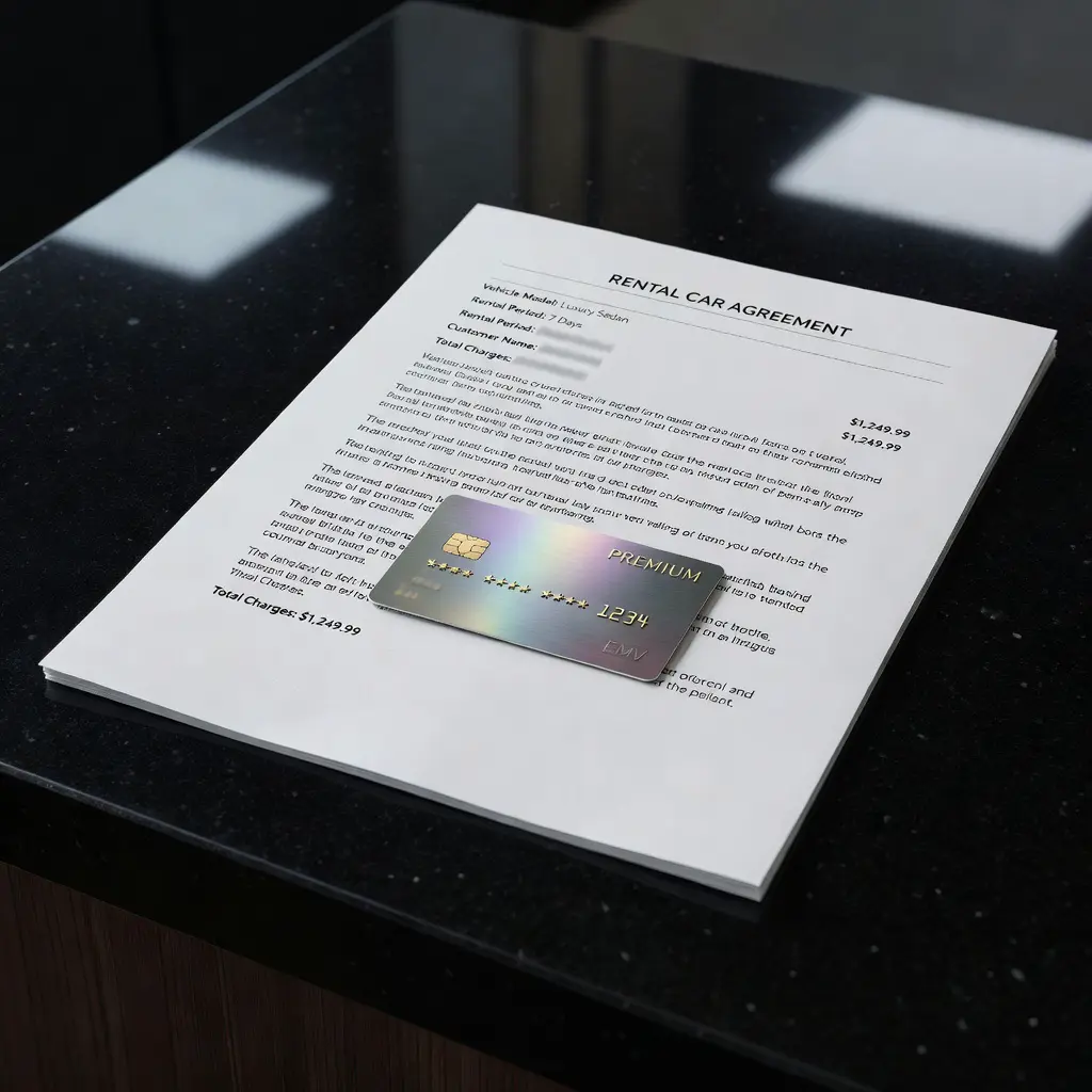 A premium credit card placed on top of a car rental agreement at a rental counter, ready for payment