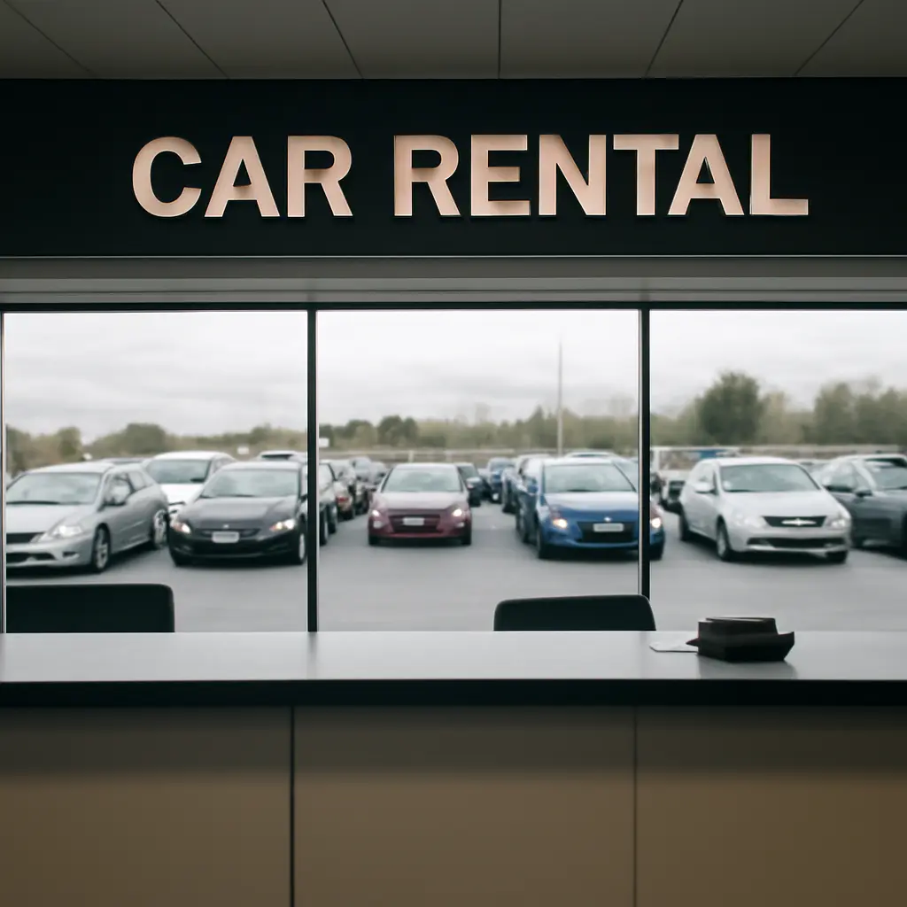 Empty rental counter Empty rental counter with cars outside, illustrating low availability issues with weekend rentals