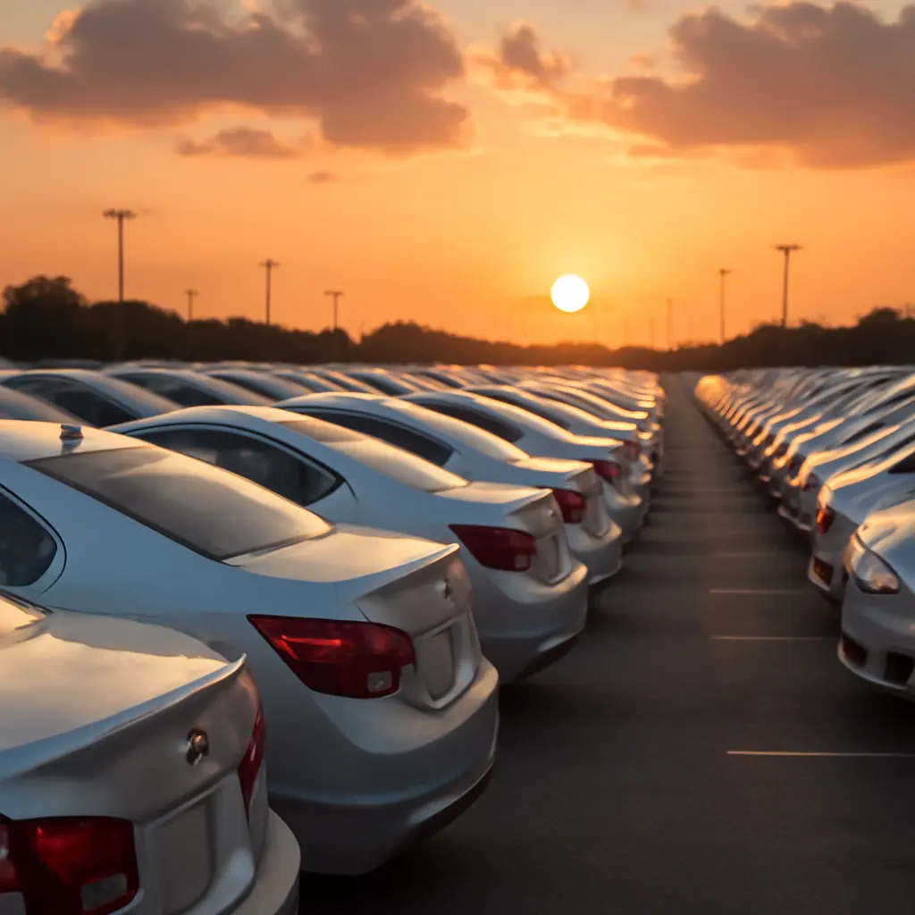 Empty car rental lot with rows of vehicles at sunset