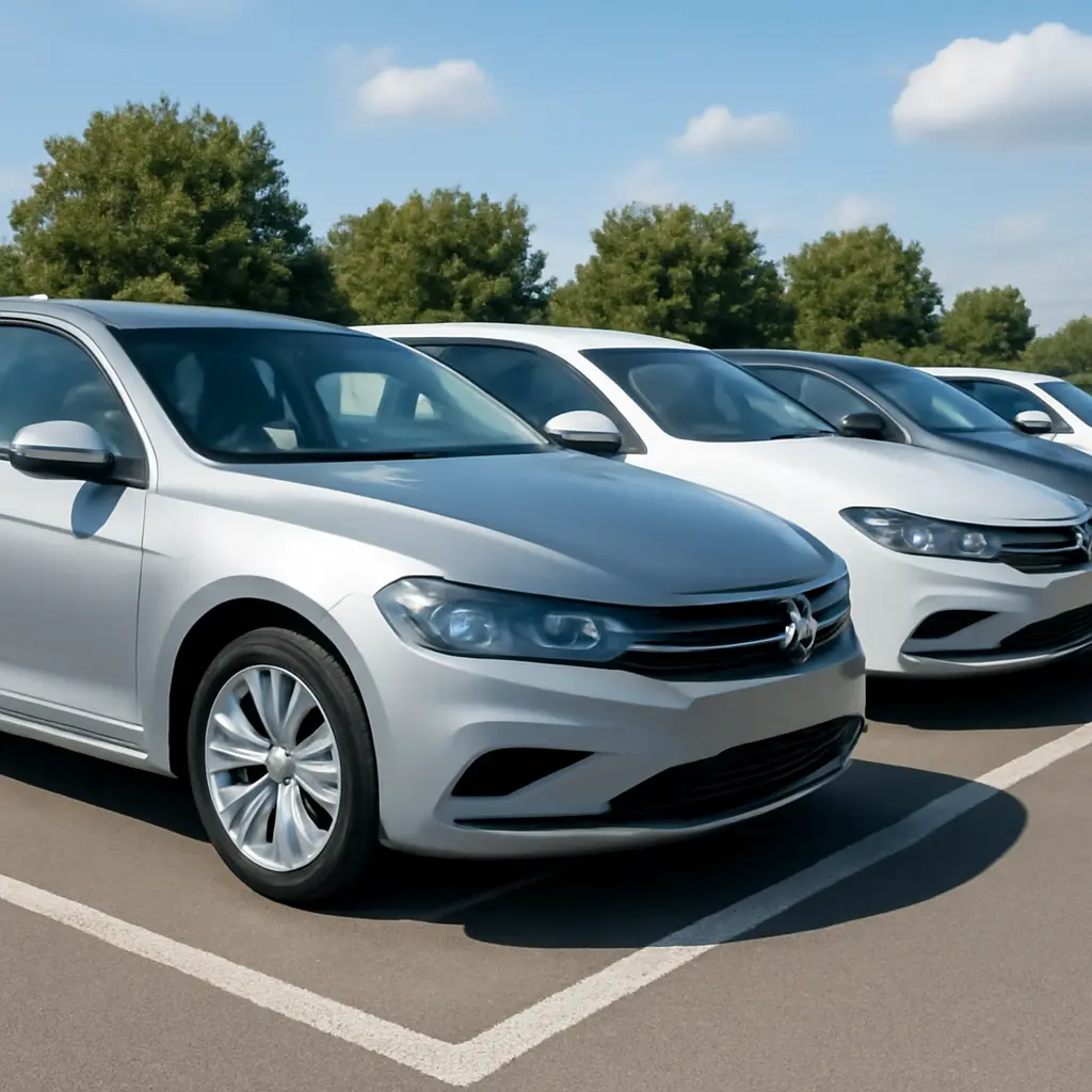 A row of modern rental cars lined up at a rental lot