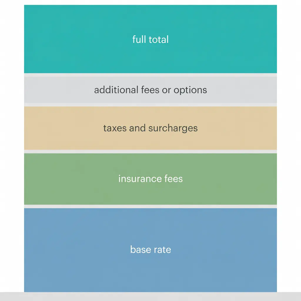 An illustrated breakdown of stacked car rental cost layers from the advertised base rate up to the real total including all fees and surcharges