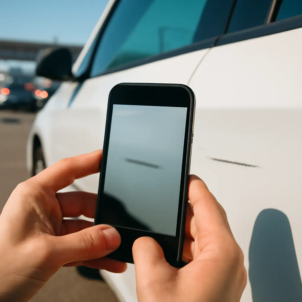 Inspecting a rental car before driving Close-up of a person photographing minor scratches on a rental car door with a smartphone for documentation
