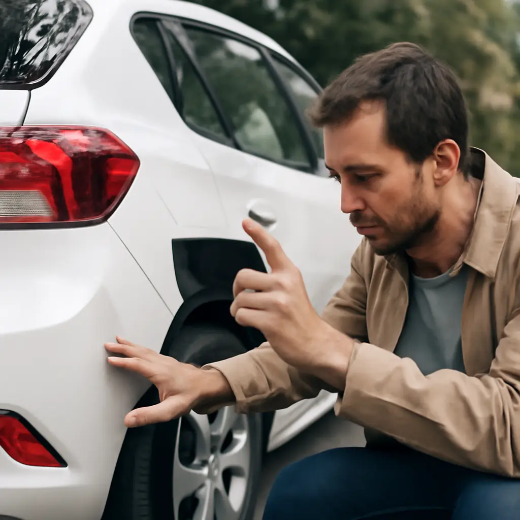 Inspecting rental car Person inspecting rental car tires and body, taking a photo for documentation