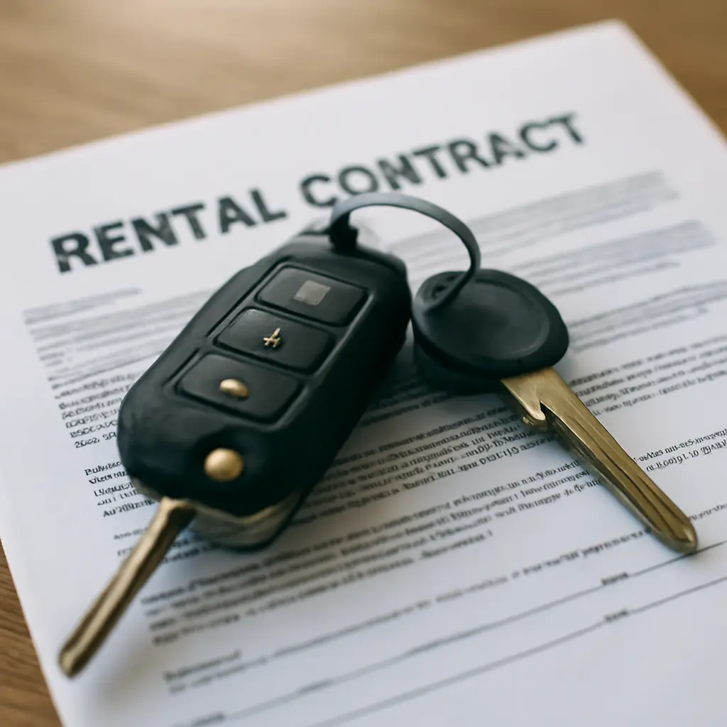 Car rental keys on top of a rental contract for insurance comparison