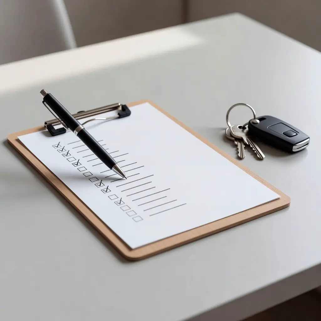 A detailed checklist on a clipboard with a pen marking completed research items and car keys placed beside it on a clean desk