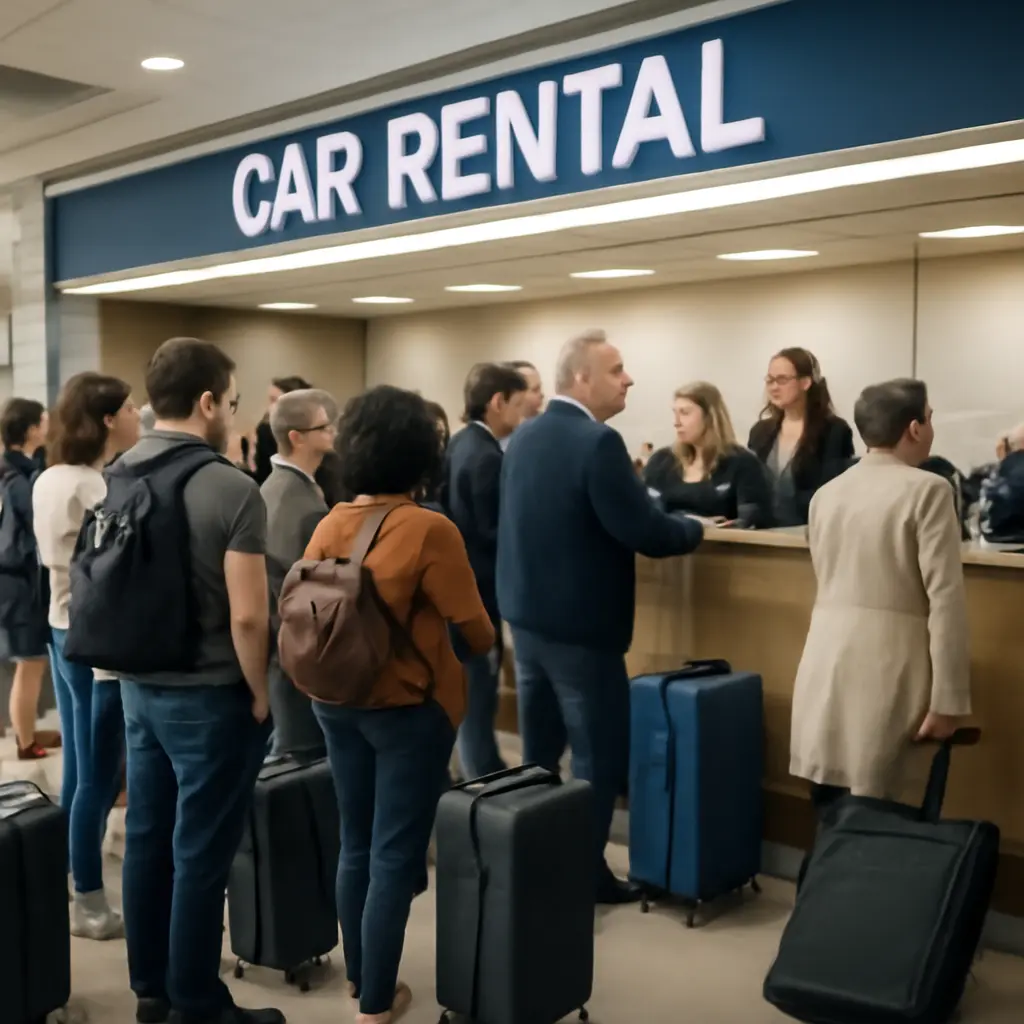 Packed rental counter A crowded car rental counter at an airport with travelers waiting