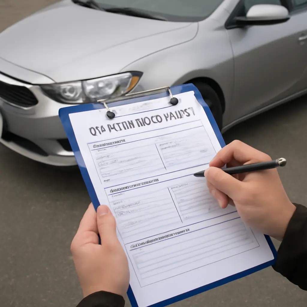 Driver filling out a car accident form next to a rental car