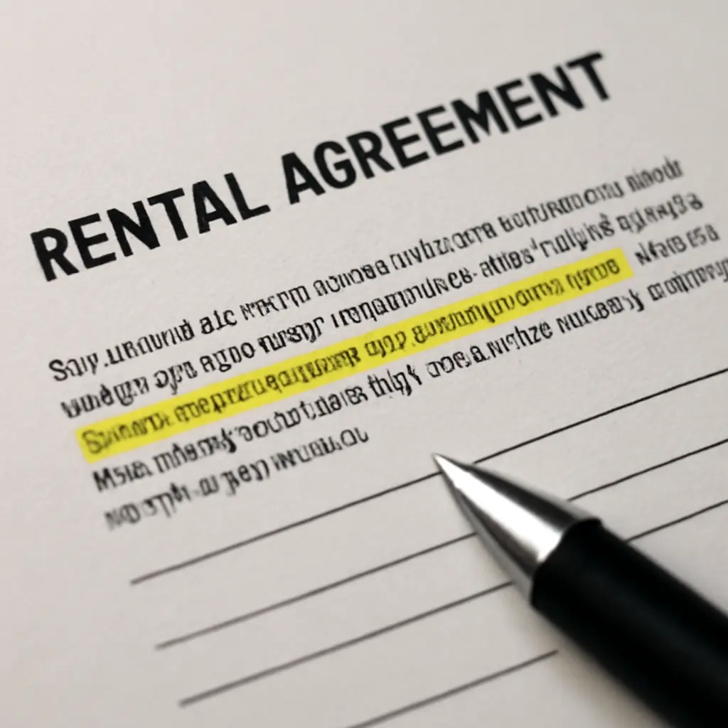 Close-up of a rental agreement with highlighted fine print, symbolizing hidden fees