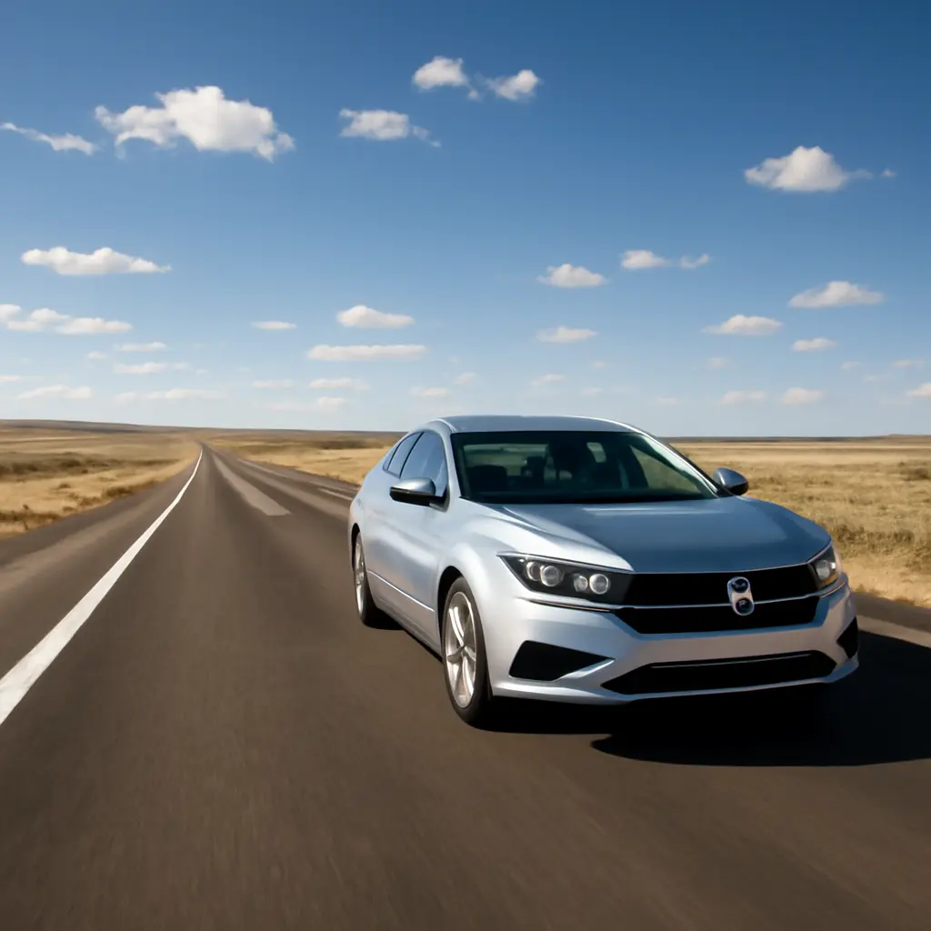 A rental car driving on a highway with scenic background