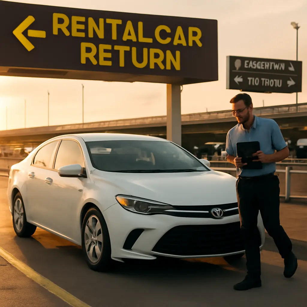 Returning a rental car at the lot Rental car parked at a return lot with an attendant performing a vehicle check-in inspection