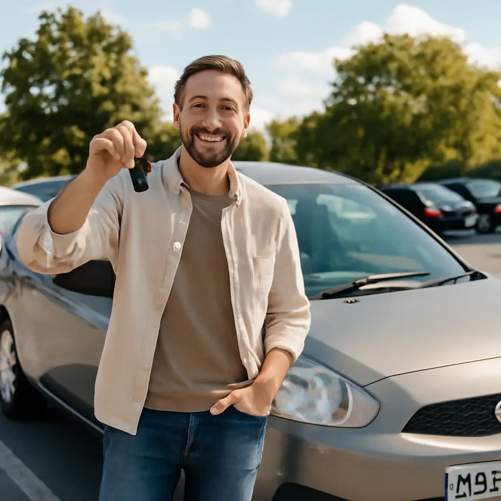 Happy driver standing beside a rental car with keys