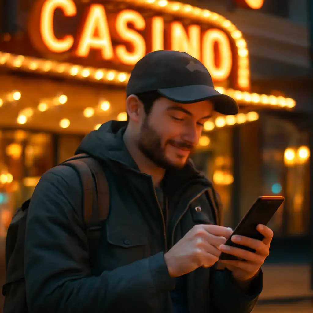 A traveler checking a car rental app on their phone while standing outside a casino entrance