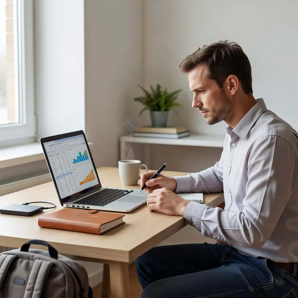 A person at a tidy desk comparing car rental prices on a laptop screen with a clear breakdown of savings identified across providers