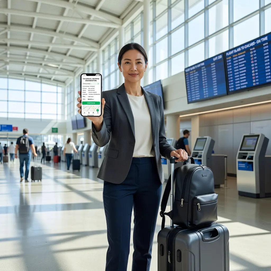 Traveler at an airport terminal reviewing a car rental booking confirmation on a smartphone with a carry-on bag nearby