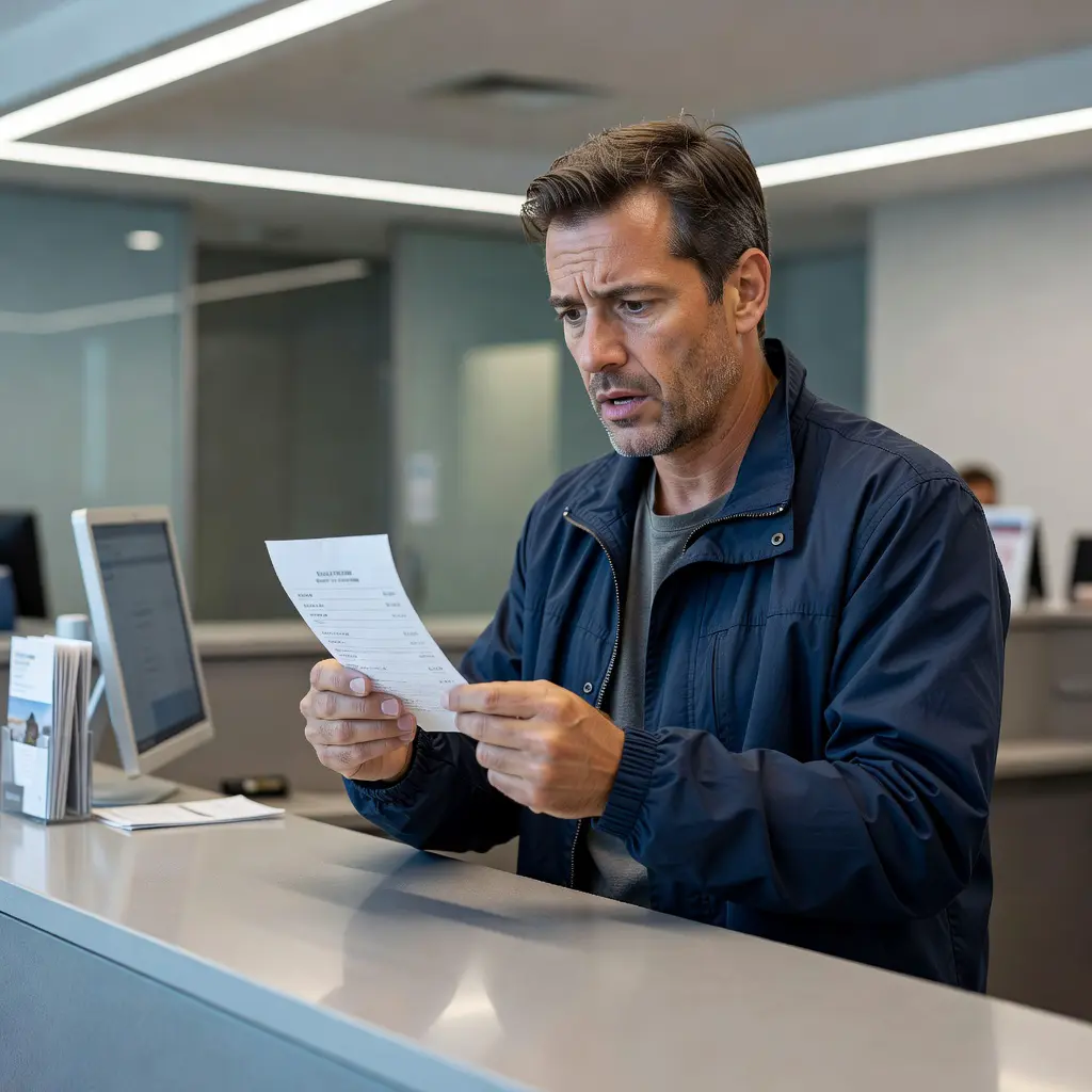 A traveler looking surprised and frustrated at a car rental counter while reviewing an unexpectedly high invoice