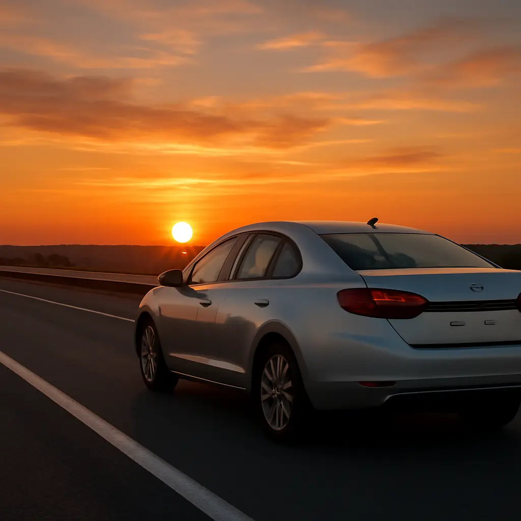 A mid-size rental car parked beside a highway, illustrating long-distance travel