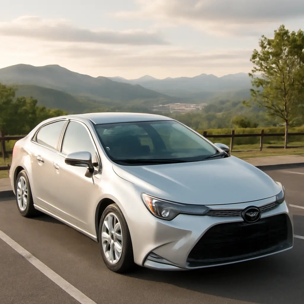 Upgraded rental car parked with scenic background