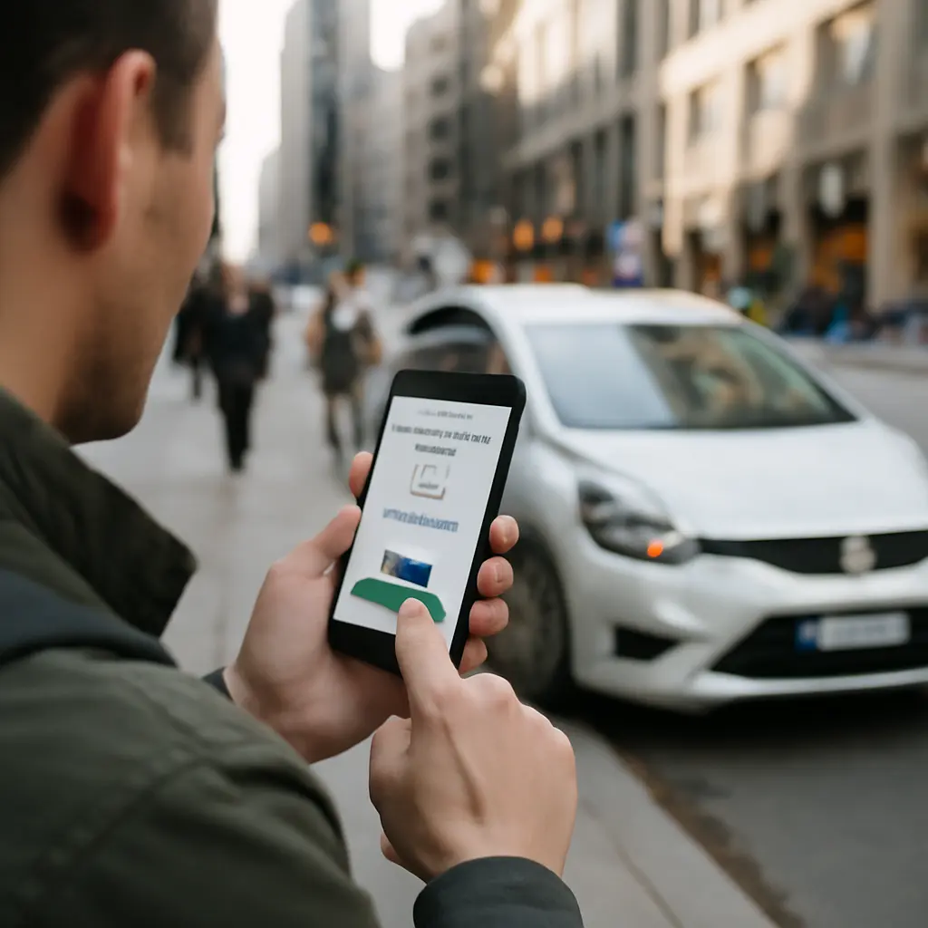 Person booking a shared car via smartphone app on city street